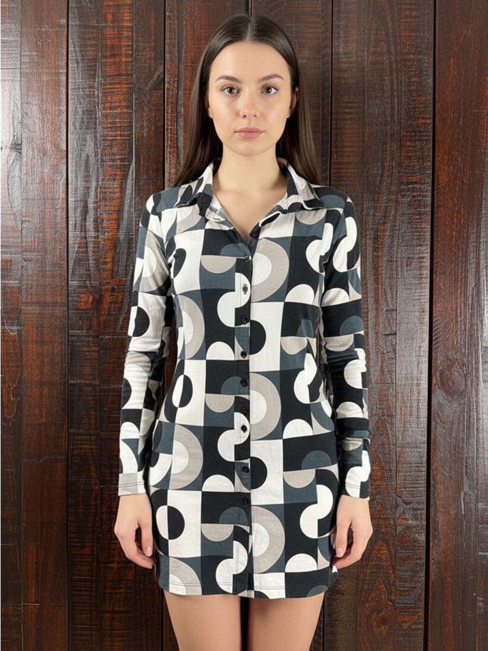 Geometric Print Partial Button Tunic